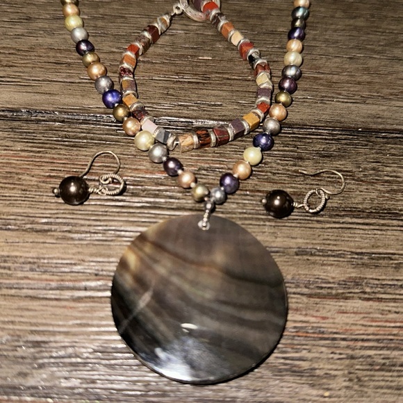 Pearl Necklace, Stone Bracelet & Earrings Set - Picture 3 of 3